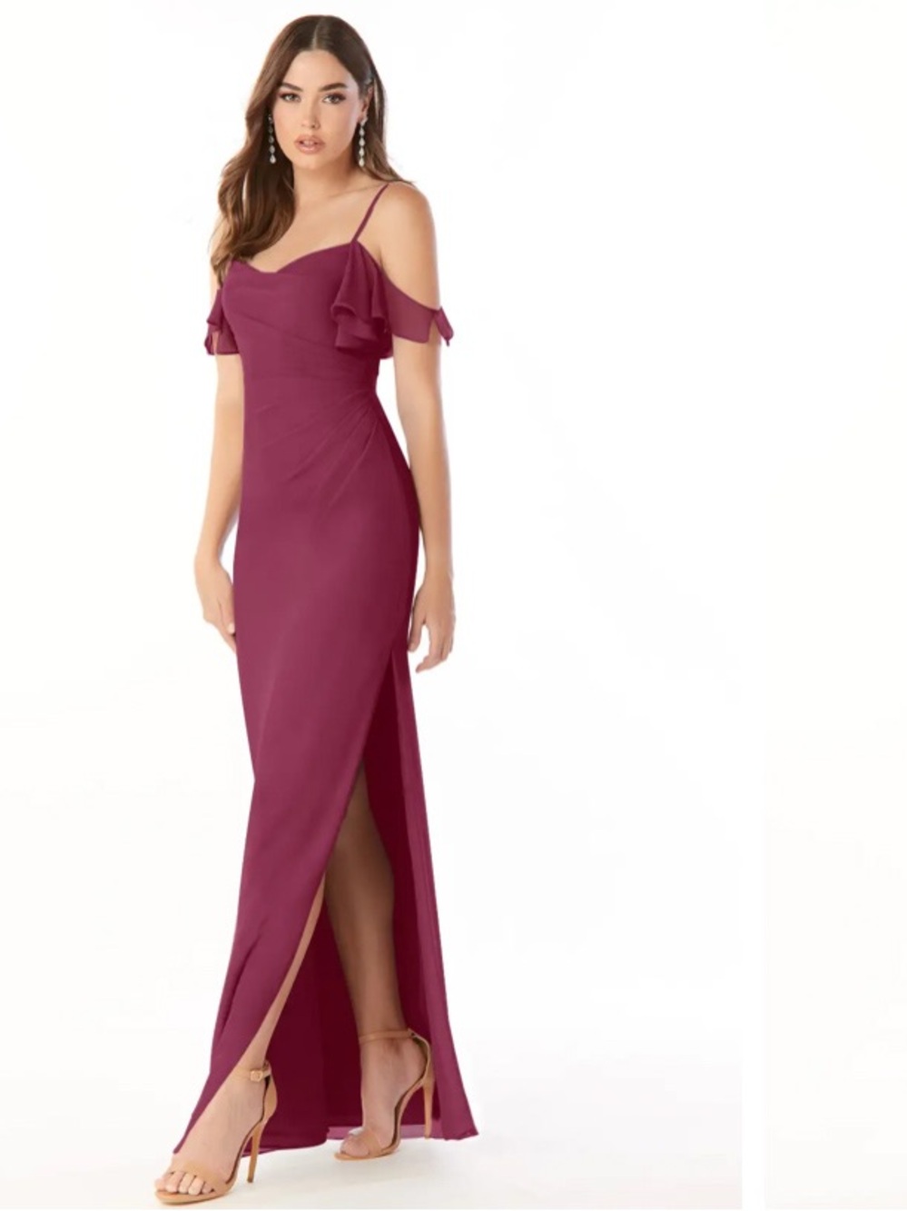 Azazie Off-Shoulder Ruffle Strap Maxi Dress in Wine